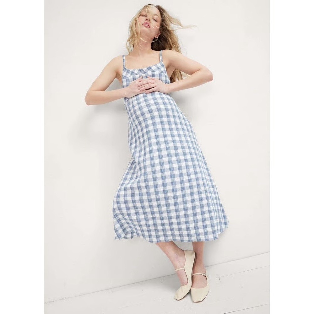 Hatch Nina Maternity Blue Gingham Midi Dress Size 2 Cotton Viscose A-Line